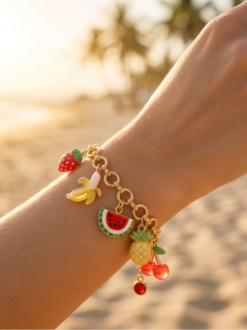 Handmade Gold stainless steel Fruit Charm Bracelet with Colorful Enamel Charms
